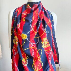 Vintage Silk Red Blue Gold Chain Print Hand rolled Edge Scarf